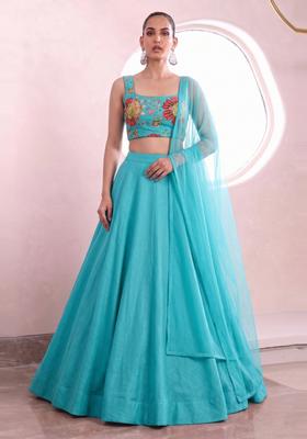 Turquoise Blue Embroidered Organza Lehenga Set