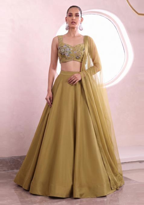 Mustard Embroidered Organza Lehenga Set