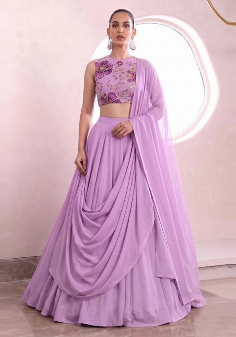 Lavender Embroidered Organza Lehenga Set