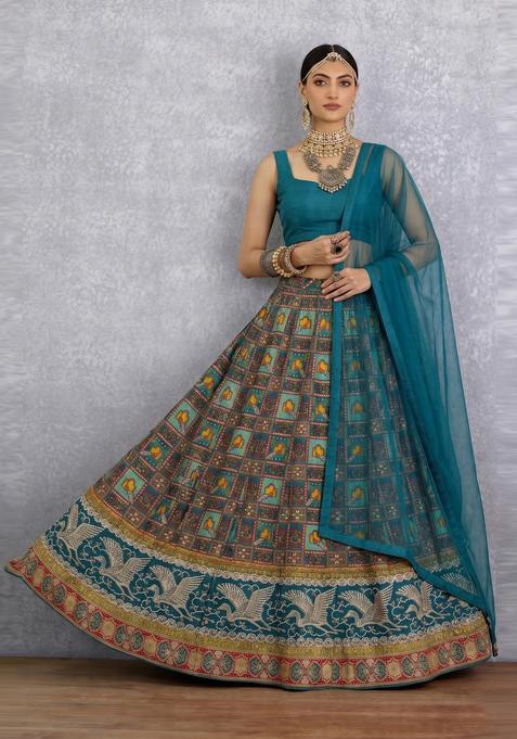 Blue Embroidered Silk Lehenga Set