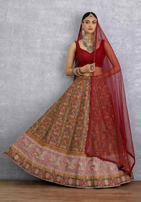 Maroon Printed Silk Lehenga Set