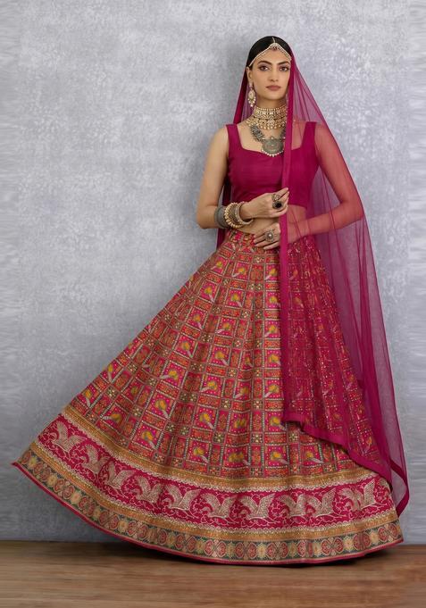 Magenta Printed Silk Lehenga Set