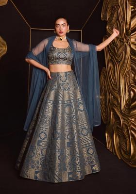 Steel Blue Printed Silk Blend Lehenga Set