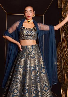 Steel Blue Printed Silk Blend Lehenga Set - Indya