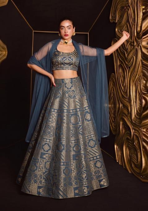 Steel Blue Printed Silk Lehenga Set