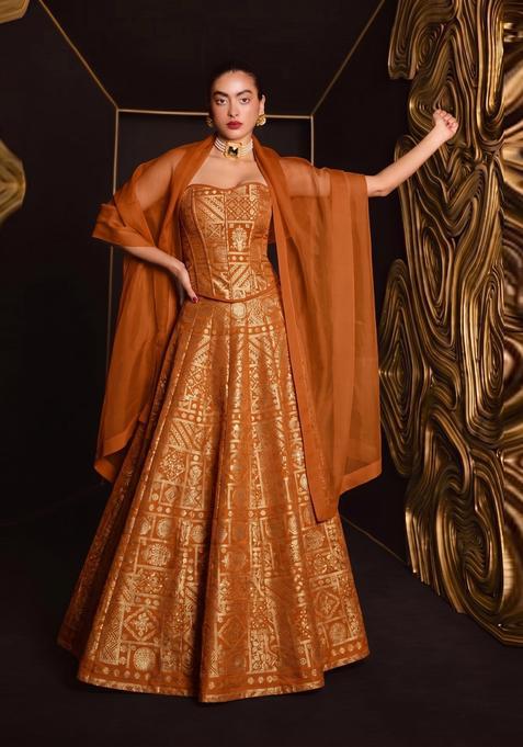 Burnt Orange Printed Silk Lehenga Set
