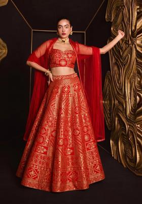 Crimson Red Printed Silk Blend Lehenga Set