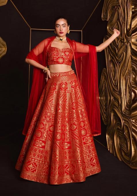 Crimson Red Printed Silk Lehenga Set