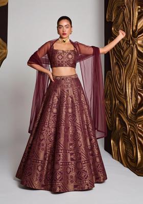 Deep Wine Printed Silk Blend Lehenga Set