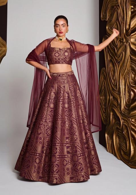 Deep Wine Printed Silk Lehenga Set