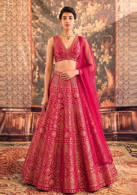 Fuchsia Pink Printed Silk Lehenga Set