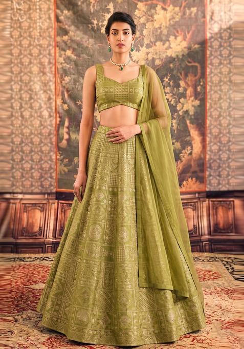 Olive Green Printed Silk Lehenga Set