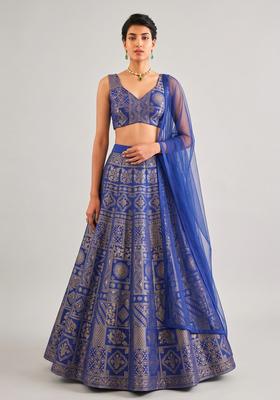Royal Blue Printed Silk Blend Lehenga Set