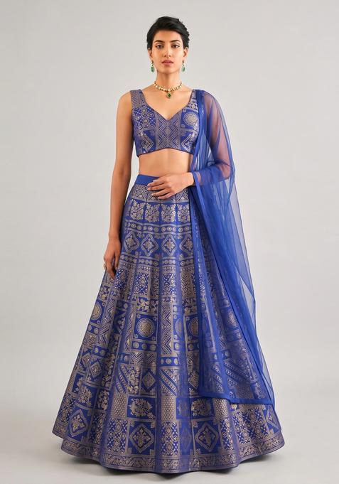 Royal Blue Printed Silk Lehenga Set
