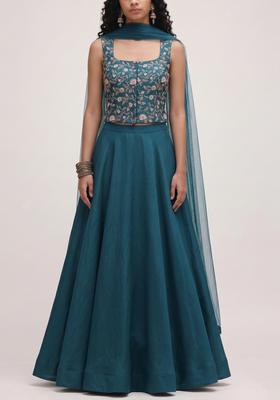 Teal Printed Tissue Lehenga Set