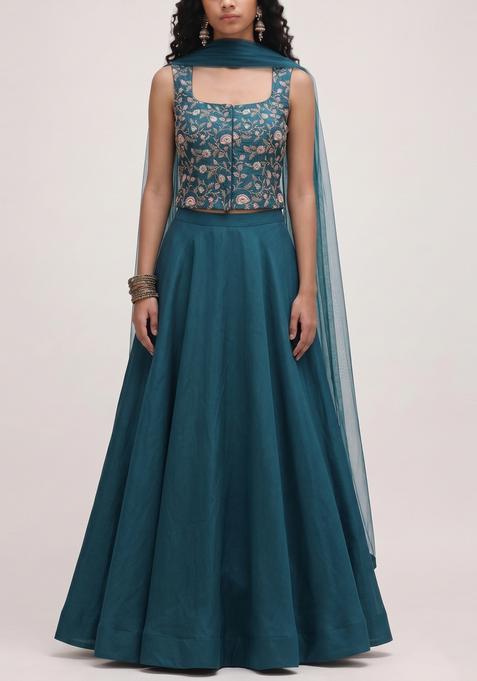Teal Printed Tissue Lehenga Set