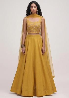 Mustard Embroidered Tissue Lehenga Set