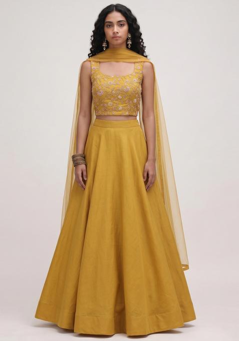 Mustard Embroidered Tissue Lehenga Set