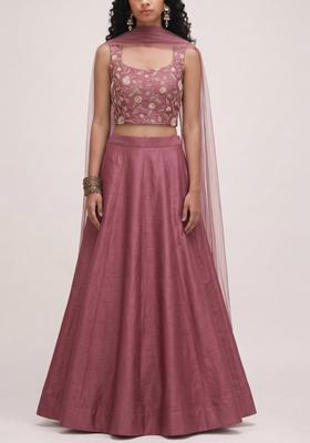 Mauve Pink Embroidered Tissue Lehenga Set