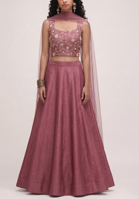 Mauve Pink Embroidered Tissue Lehenga Set