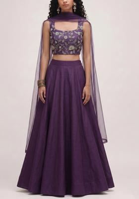 Deep Purple Embroidered Tissue Lehenga Set