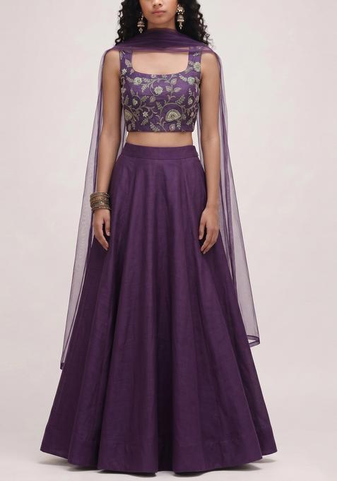 Deep Purple Embroidered Tissue Lehenga Set
