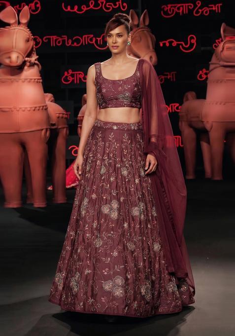 Mauve Embroidered Crepe Lehenga Set