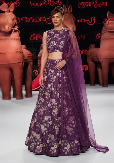 Deep Purple Embroidered Crepe Lehenga Set