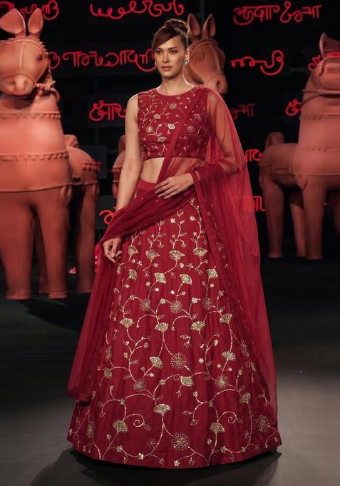 Deep Red Embroidered Crepe Lehenga Set
