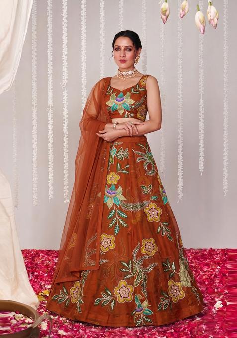 Rust Embroidered Organza Lehenga Set