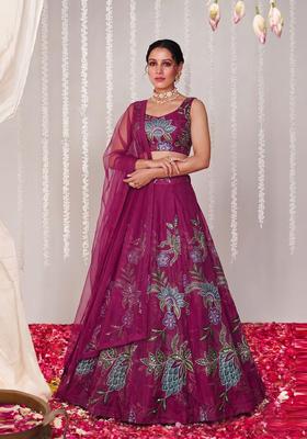 Magenta Embroidered Organza Lehenga Set