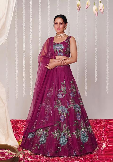 Magenta Embroidered Organza Lehenga Set
