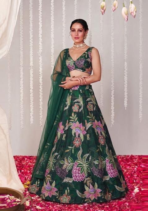 Bottle Green Embroidered Organza Lehenga Set