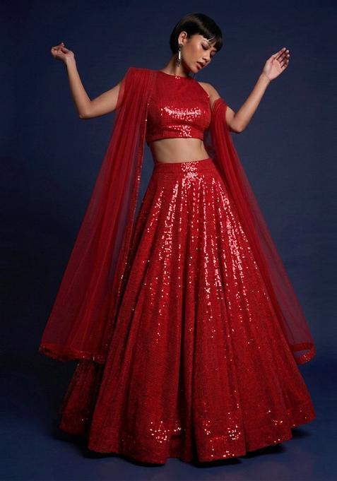 Deep Red Embroidered Lehenga Set