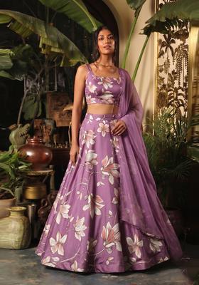 Lavender Printed Georgette Pre Draped Saree Set