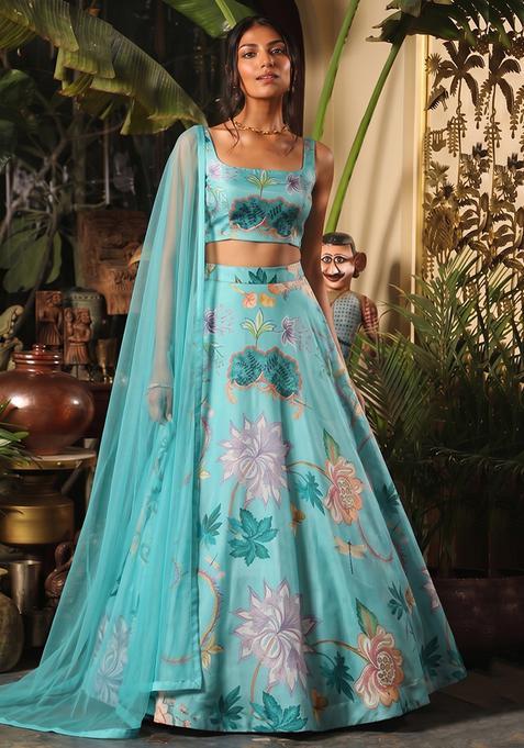 Bright Blue Printed Georgette Lehenga Set