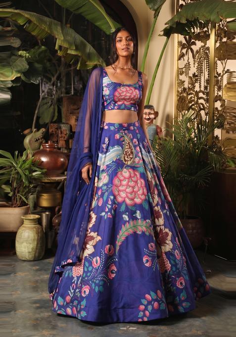 Navy Blue Printed Georgette Lehenga Set