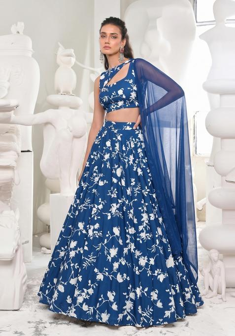 Royal Blue Printed Georgette Lehenga Set