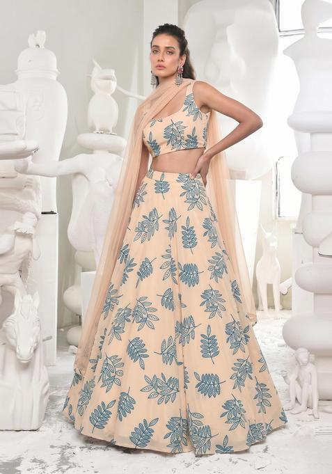 Peach Printed Georgette Lehenga Set