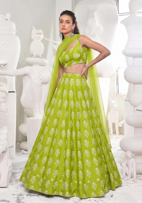 Lime Green Printed Georgette Lehenga Set