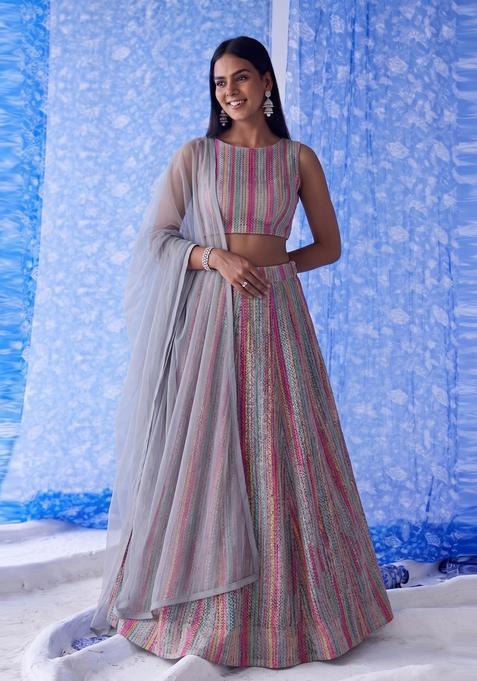 Dusty Blue Embroidered Lehenga Set