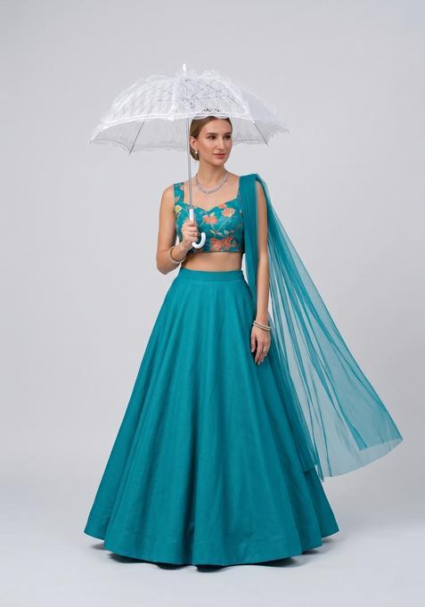 Blue Embroidered Organza Lehenga Set