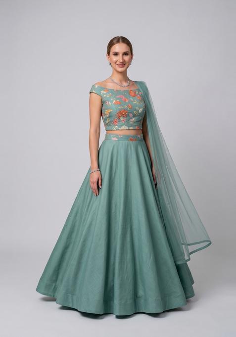 Pastel Green Embroidered Organza Lehenga Set