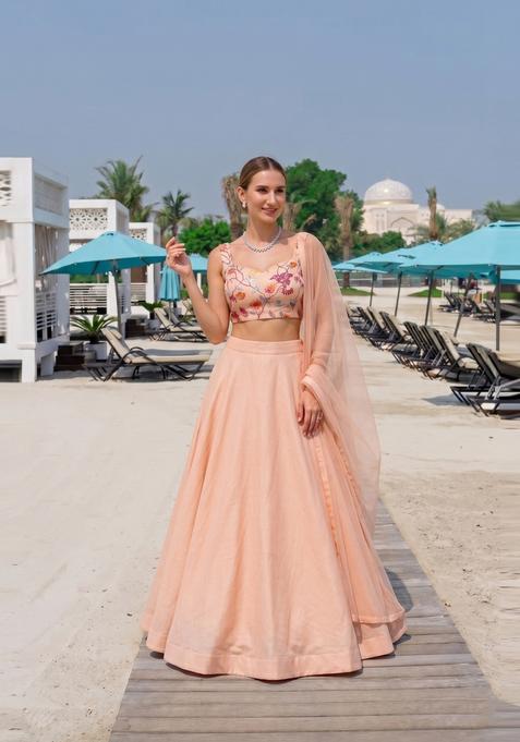 Peach Embroidered Organza Lehenga Set