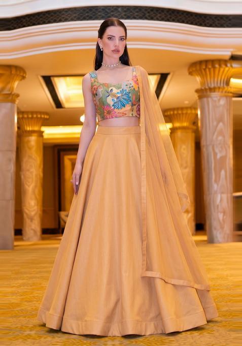 Mustard Embroidered Crepe Lehenga Set