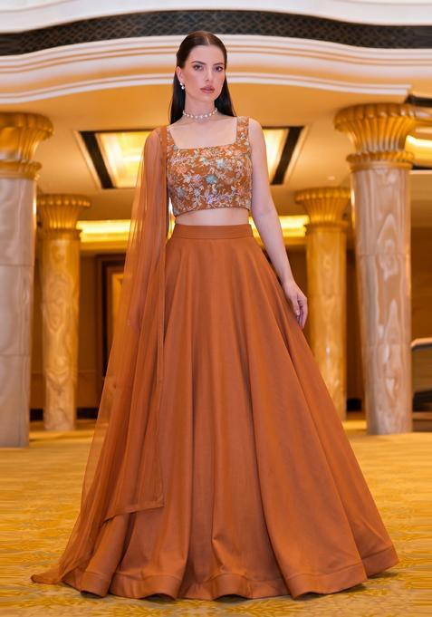 Rust Embroidered Crepe Lehenga Set