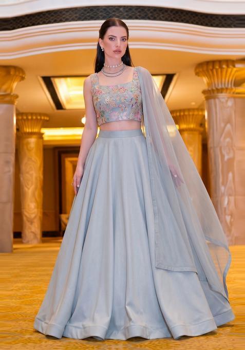 Grey Embroidered Crepe Lehenga Set