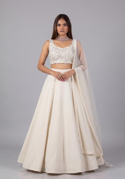 Off White Embroidered Net Lehenga Set