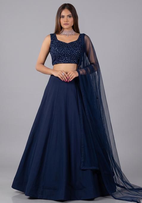 Navy Blue Embroidered Net Lehenga Set