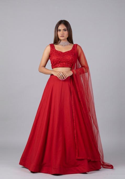 Red Embroidered Net Lehenga Set